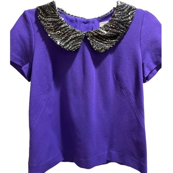 Milly Purple Blouse w/ Black Sequin Collar Back Buttons Short Sleeve Sz SM USA - Picture 4 of 11